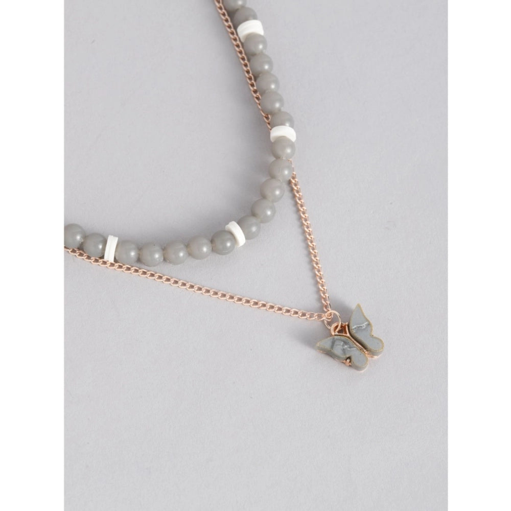 Women's Rose Gold Plated Brass Pendant Chain With Beaded Bracelet (Grey)