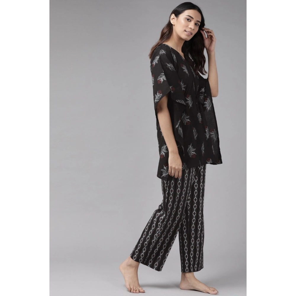 Women's Casual Kimono Sleeve Floral Printed Cotton Pyjama Set (Black)