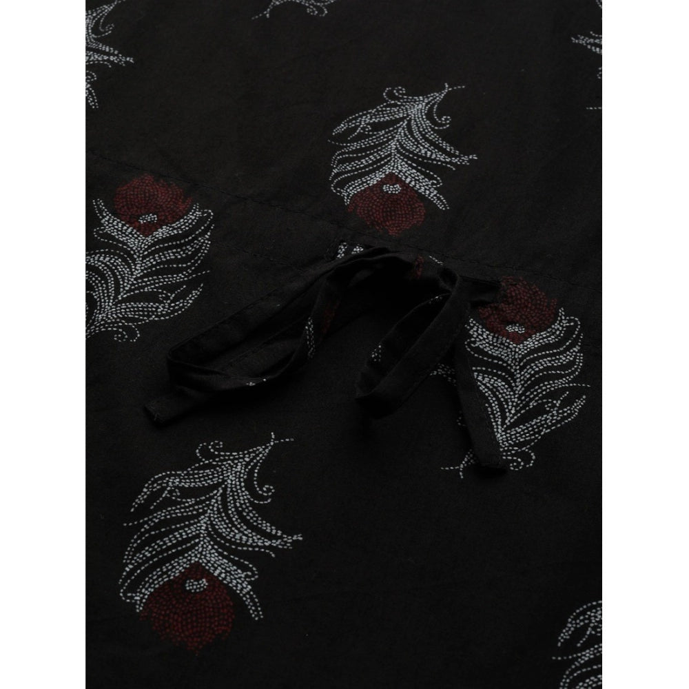 Women's Casual Kimono Sleeve Floral Printed Cotton Pyjama Set (Black)