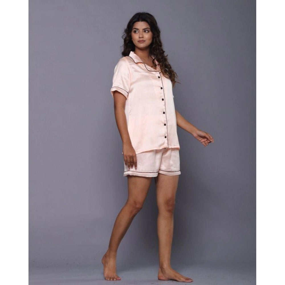 Women's Casual Satin Half Sleeve Night Suit Set (Orange)