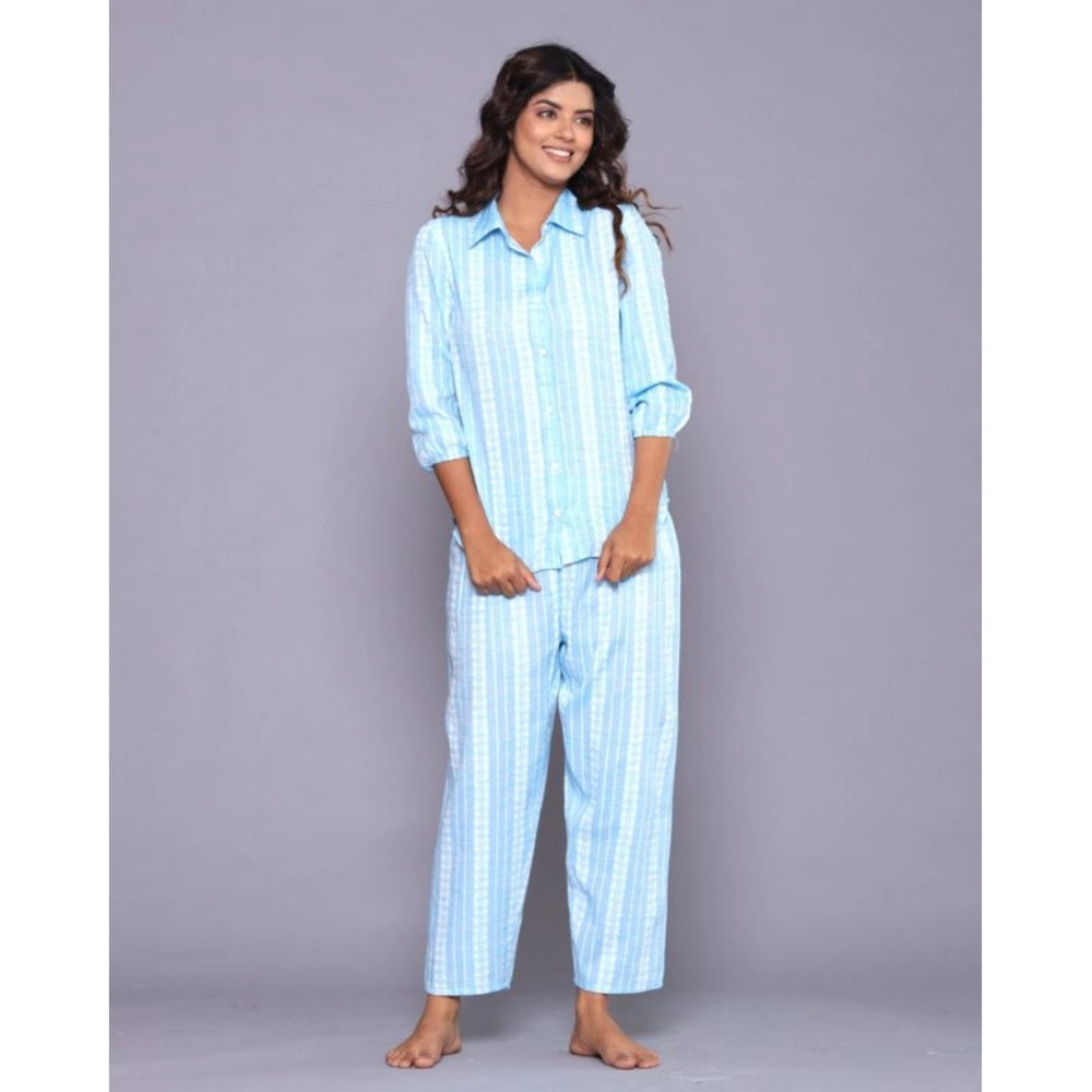 Women's Casual Cotton 3-4th Sleeve Full Night Suit Set (Aqua)
