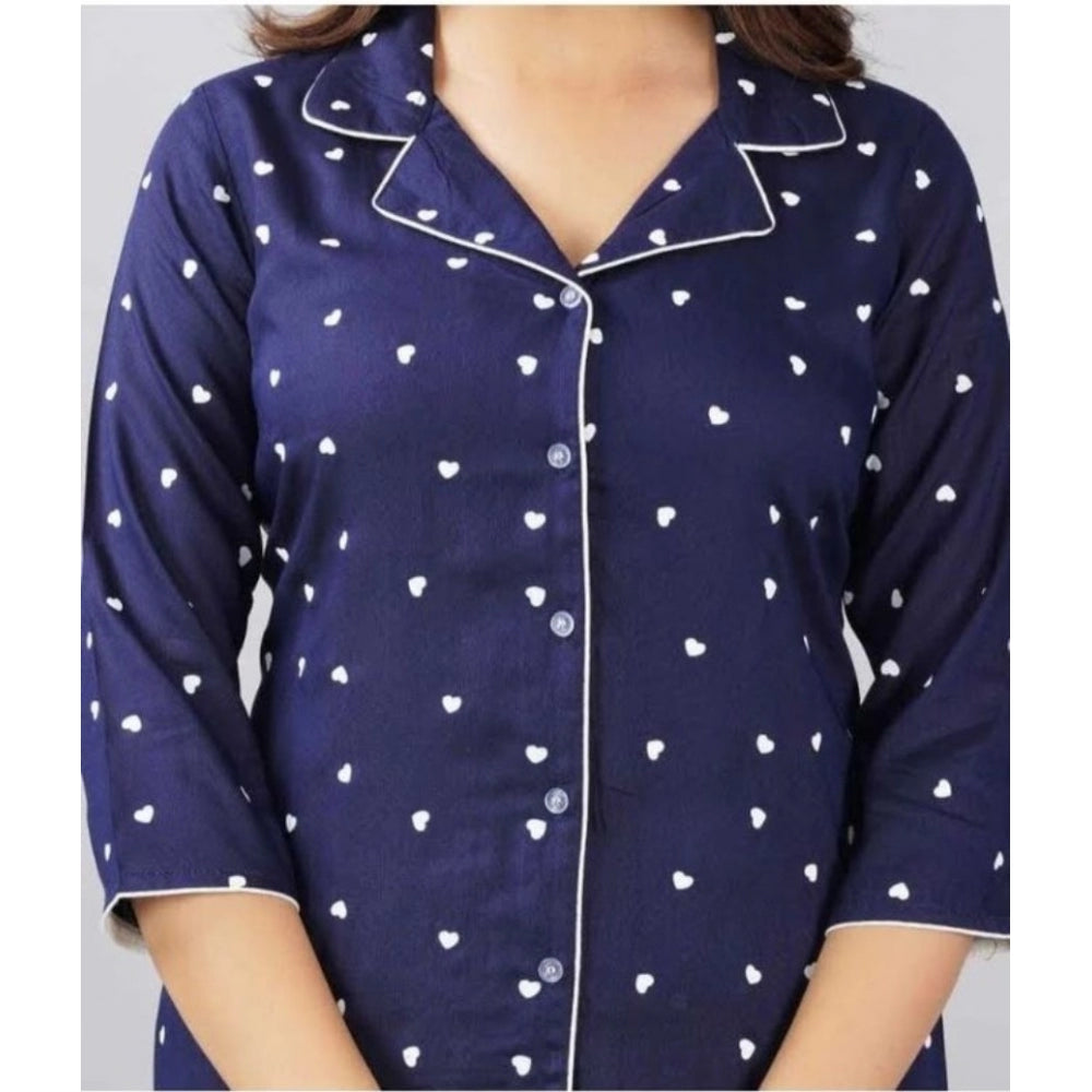 Women's Casual Rayon 3-4th Sleeve Night Suit Set (Blue)