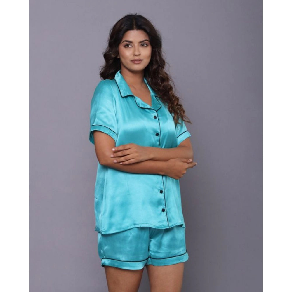 Women's Casual Satin Half Sleeve Night Suit Set (Turquoise)