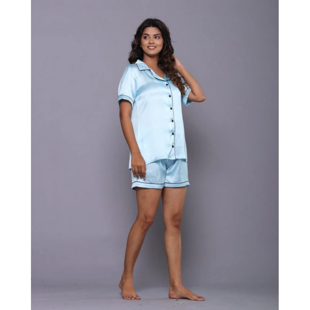 Women's Casual Satin Half Sleeve Night Suit Set (Blue)