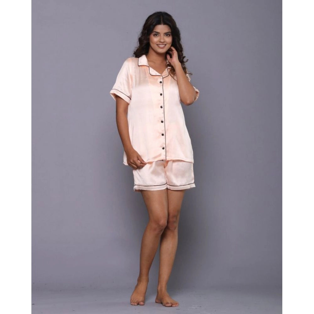 Women's Casual Satin Half Sleeve Night Suit Set (Orange)