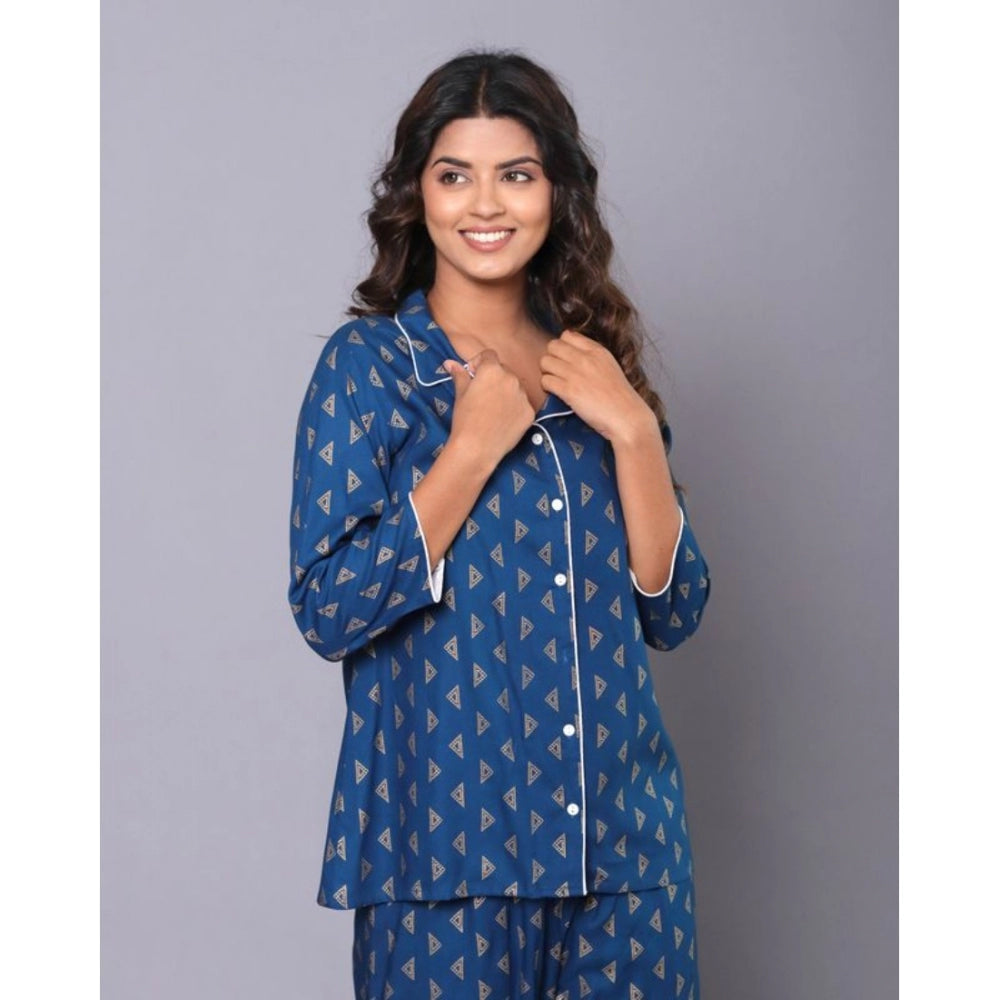 Women's Casual Rayon 3-4th Sleeve Night Suit Set (Blue)