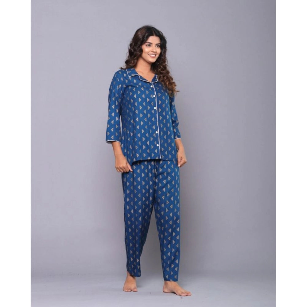 Women's Casual Rayon 3-4th Sleeve Night Suit Set (Blue)