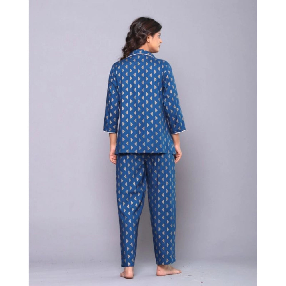 Women's Casual Rayon 3-4th Sleeve Night Suit Set (Blue)