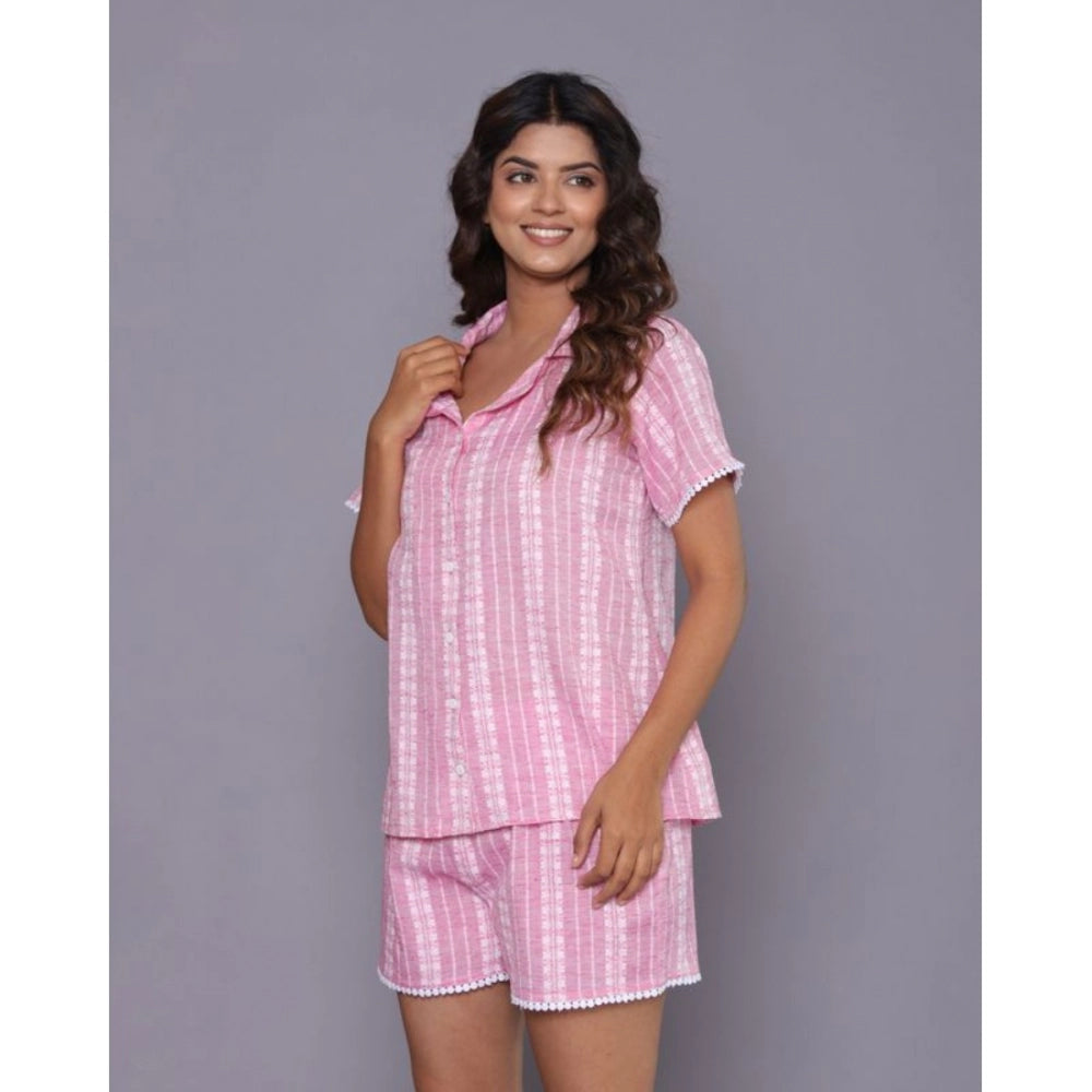 Women's Casual Cotton Short Sleeve Short Night Suit Set (Pink)