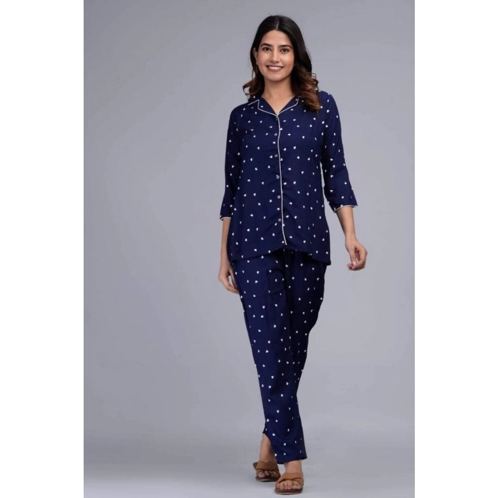 Women's Casual Rayon 3-4th Sleeve Night Suit Set (Blue)