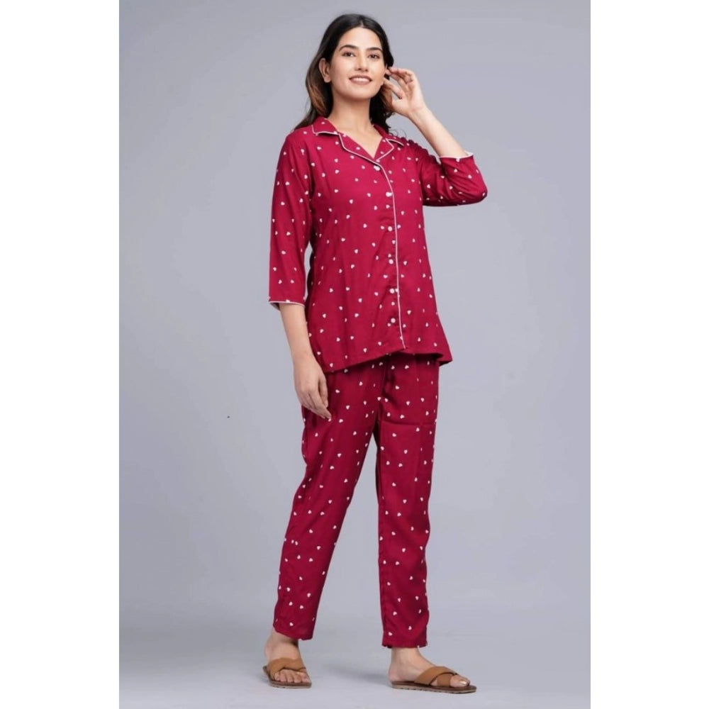 Women's Casual Rayon 3-4th Sleeve Night Suit Set (Maroon)