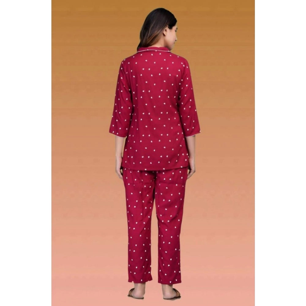 Women's Casual Rayon 3-4th Sleeve Night Suit Set (Maroon)