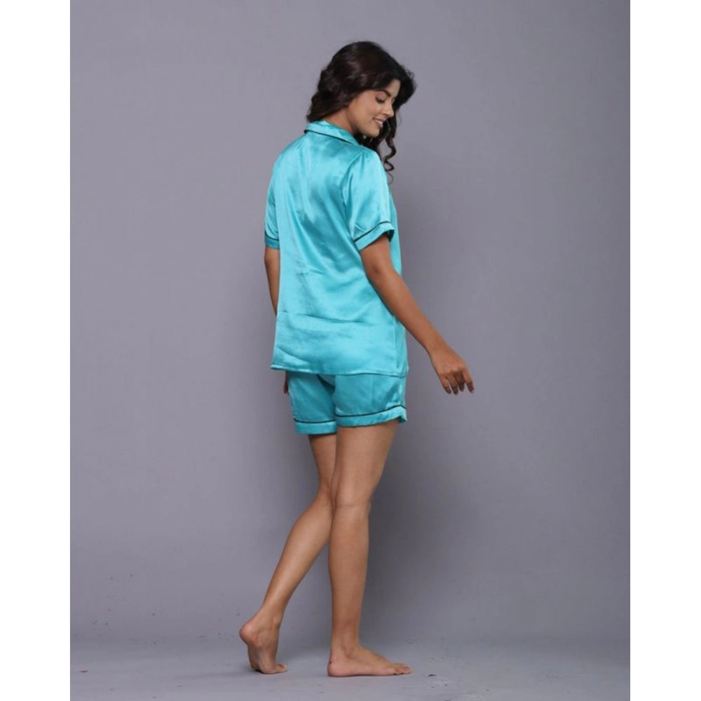 Women's Casual Satin Half Sleeve Night Suit Set (Turquoise)