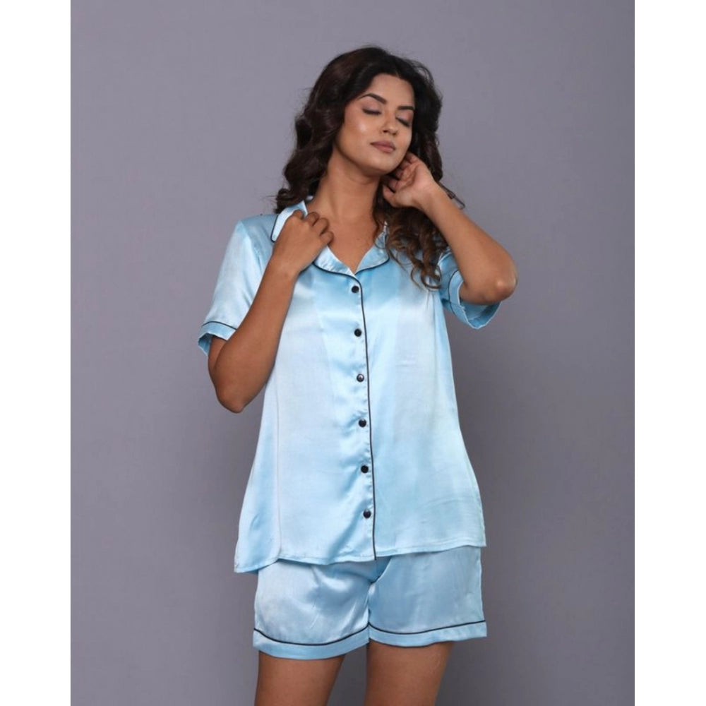 Women's Casual Satin Half Sleeve Night Suit Set (Blue)