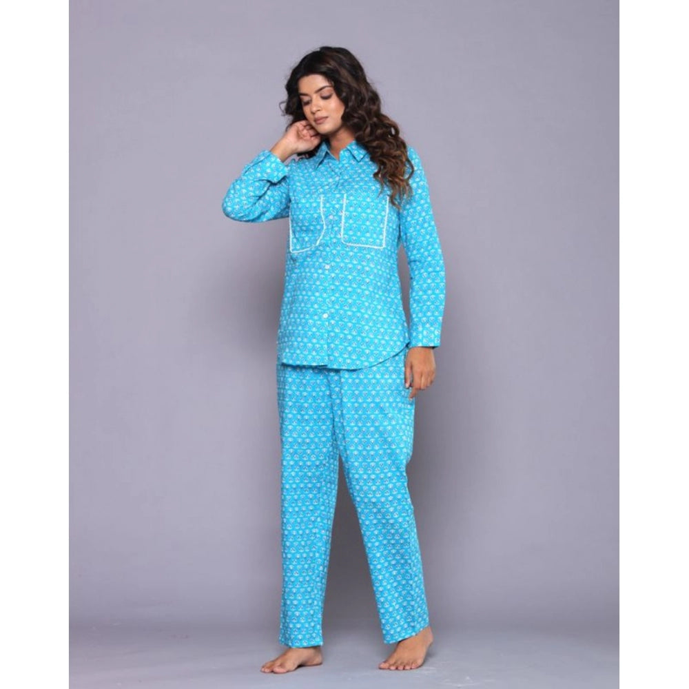 Women's Casual Rayon 3-4th Sleeve Night Suit Set (Blue)