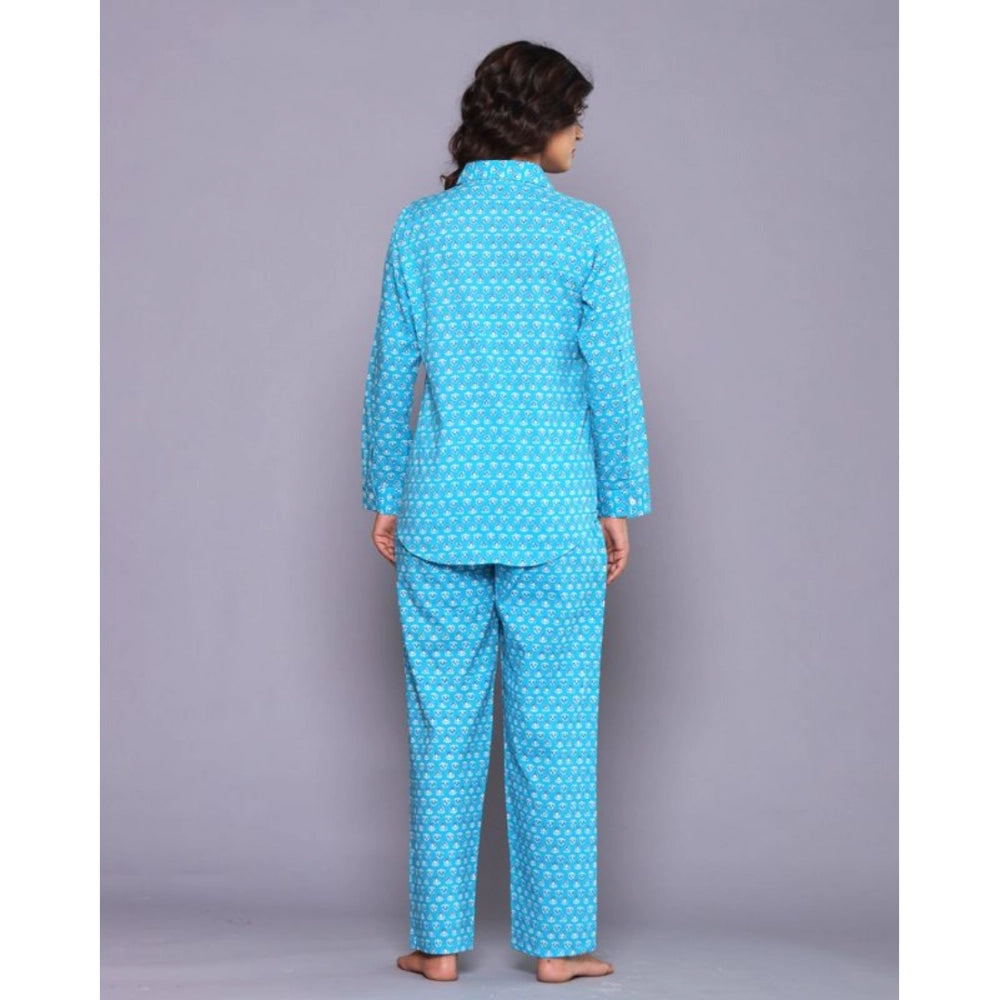 Women's Casual Rayon 3-4th Sleeve Night Suit Set (Blue)