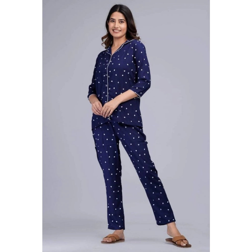 Women's Casual Rayon 3-4th Sleeve Night Suit Set (Blue)