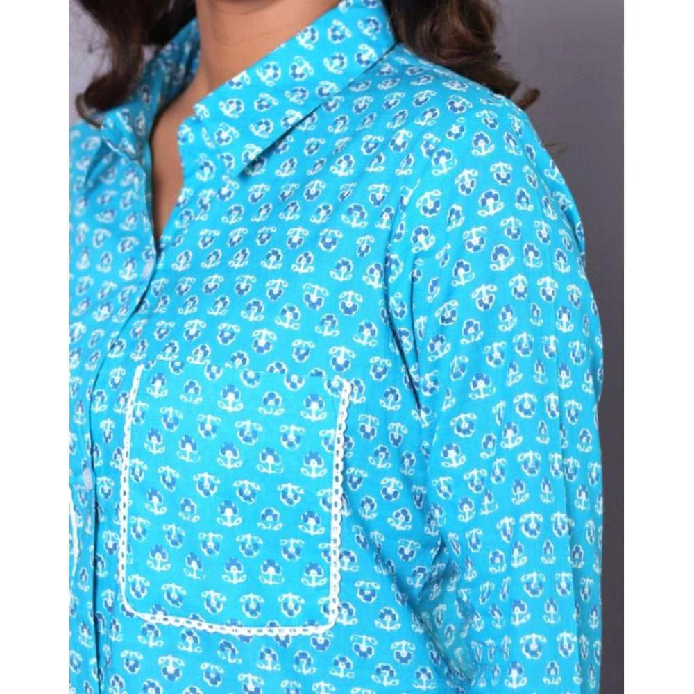 Women's Casual Rayon 3-4th Sleeve Night Suit Set (Blue)