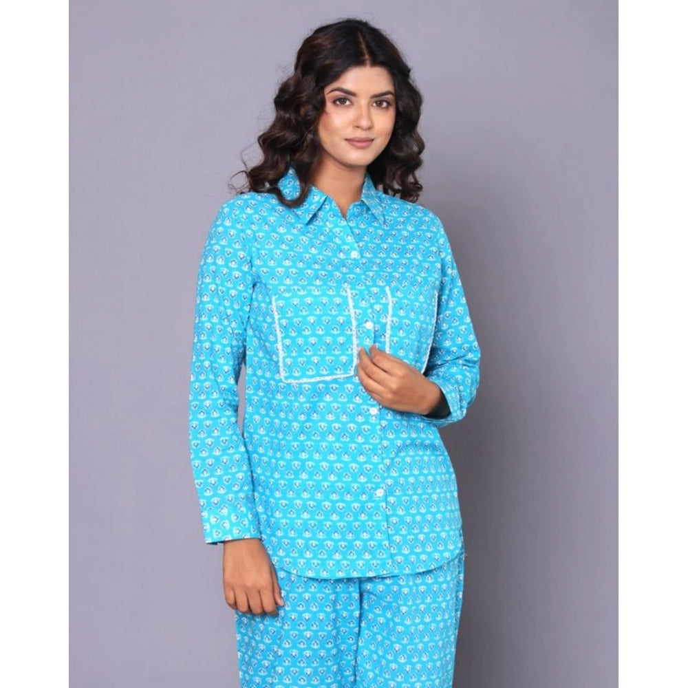 Women's Casual Rayon 3-4th Sleeve Night Suit Set (Blue)