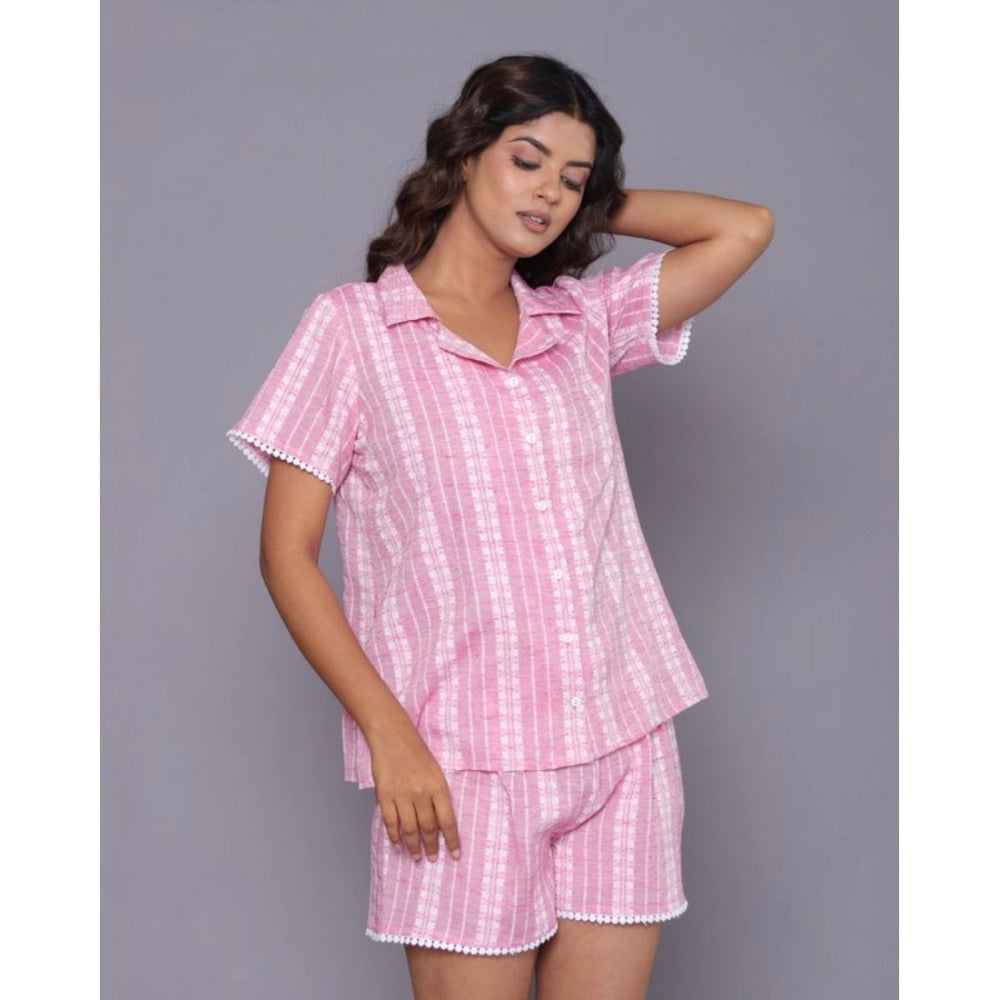 Women's Casual Cotton Short Sleeve Short Night Suit Set (Pink)