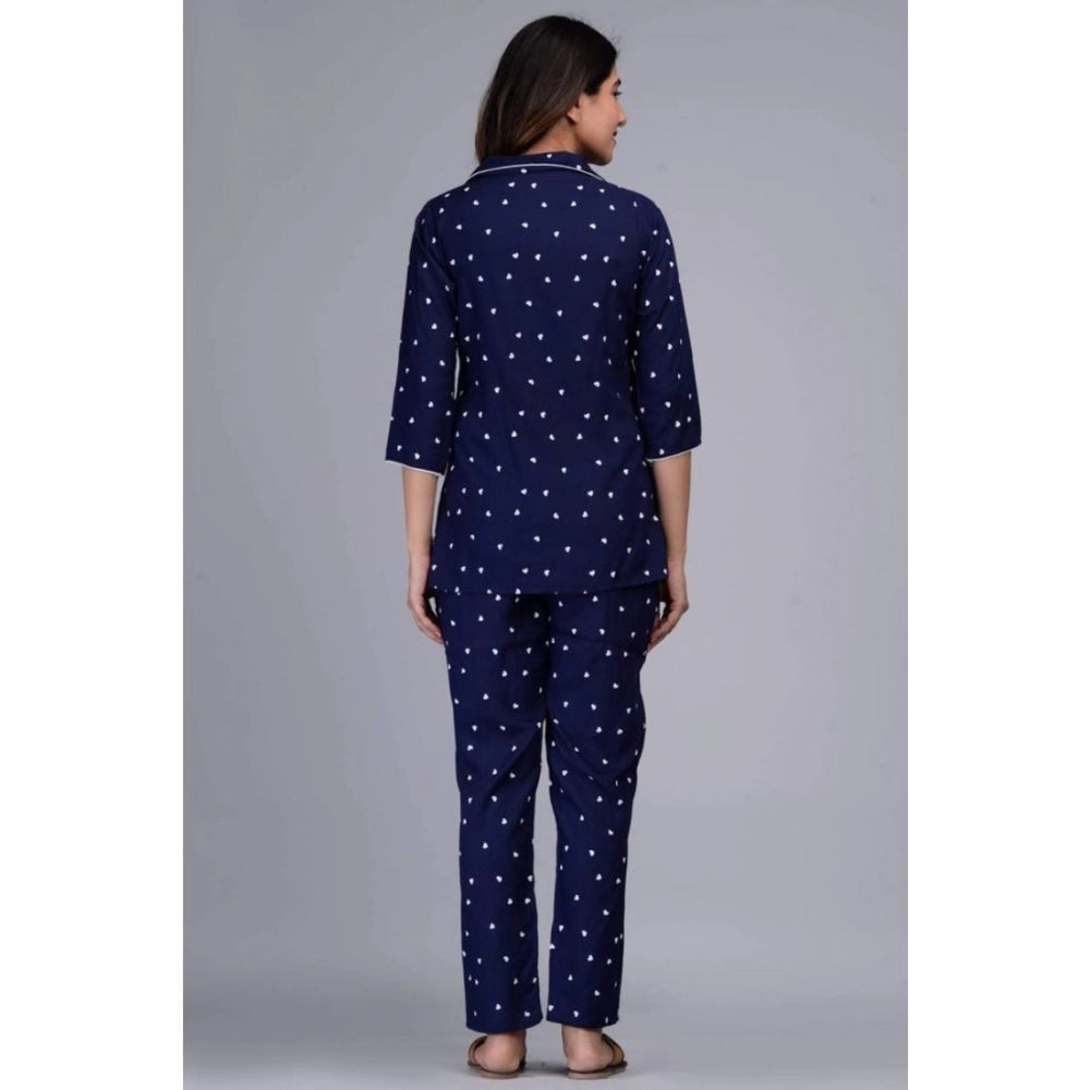 Women's Casual Rayon 3-4th Sleeve Night Suit Set (Blue)