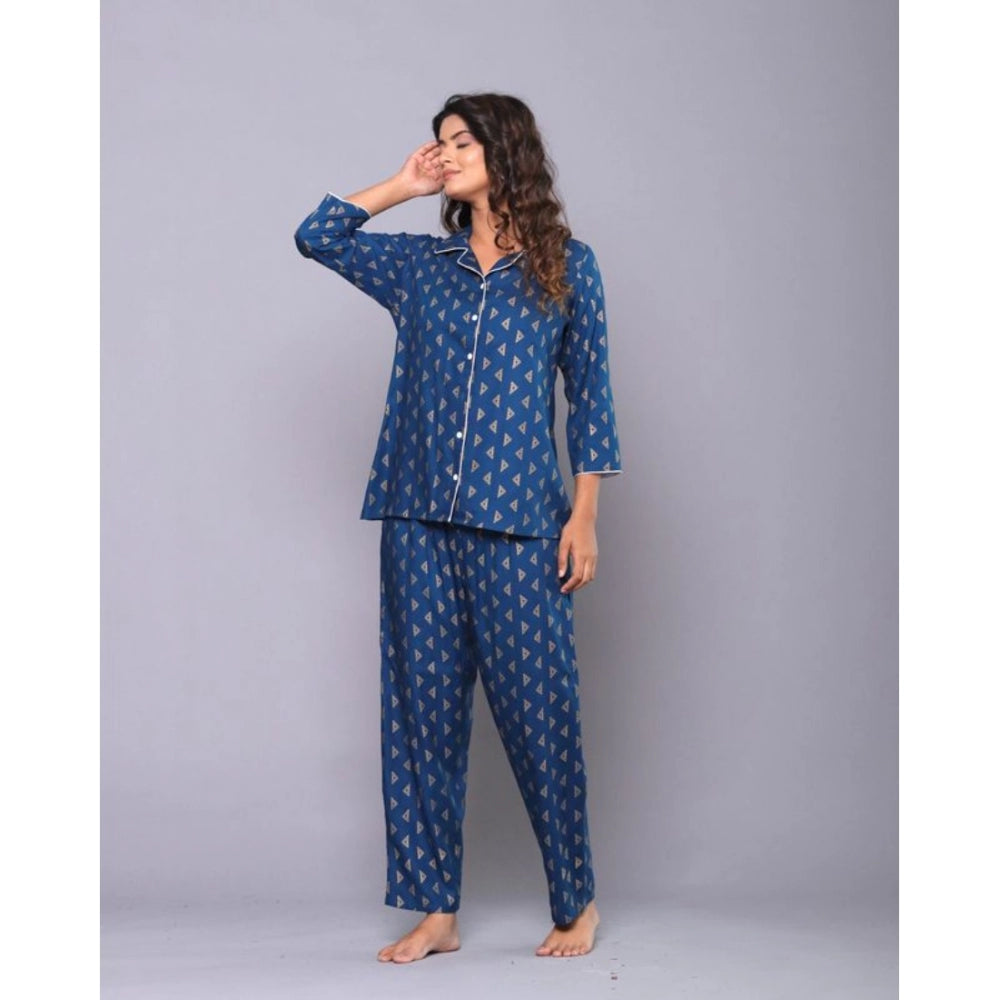 Women's Casual Rayon 3-4th Sleeve Night Suit Set (Blue)