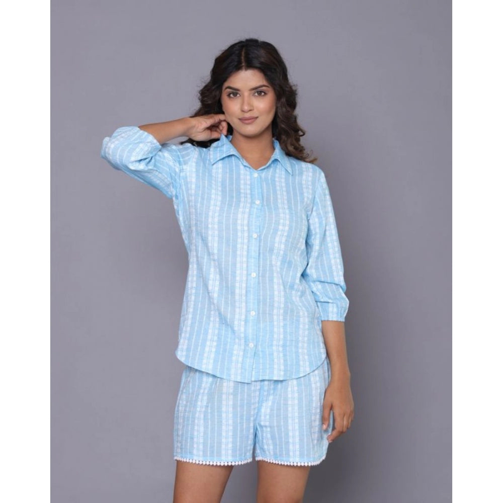 Women's Casual Cotton Short Sleeve Short Night Suit Set (Aqua)