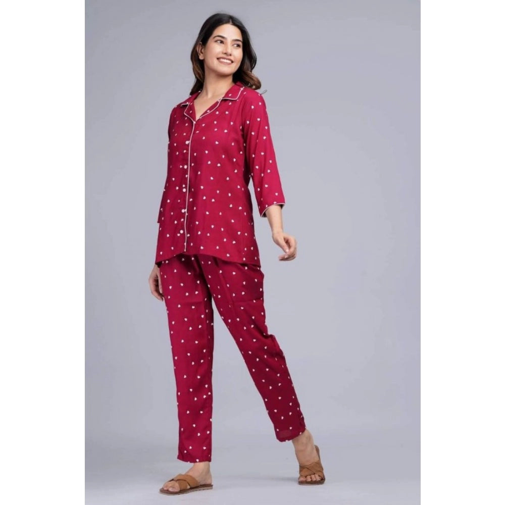 Women's Casual Rayon 3-4th Sleeve Night Suit Set (Maroon)