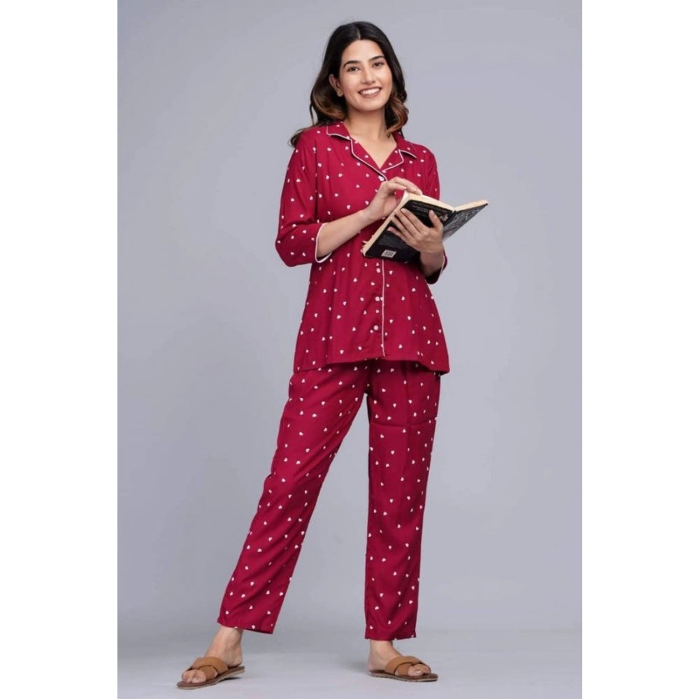 Women's Casual Rayon 3-4th Sleeve Night Suit Set (Maroon)