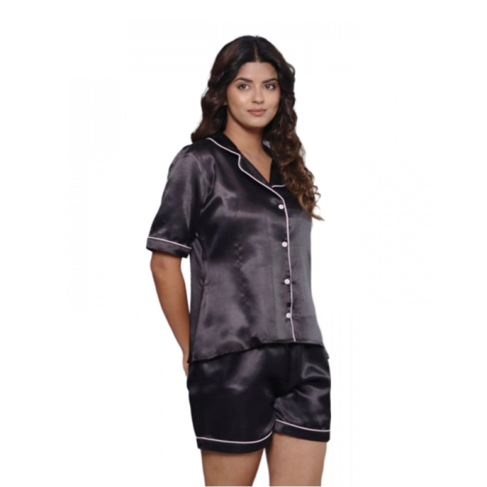 Women's Casual Satin Half Sleeve Night Suit Set (Black)
