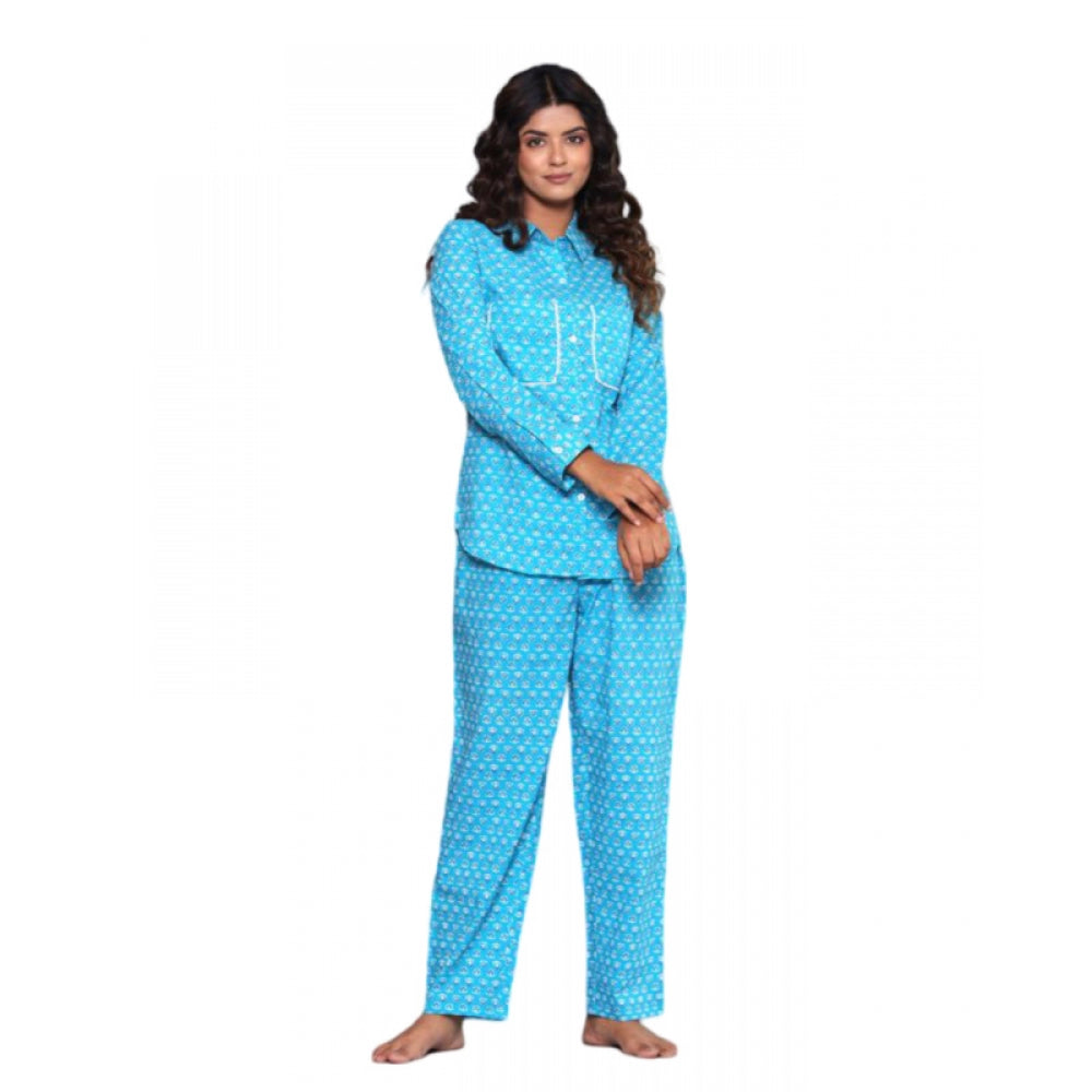 Women's Casual Rayon 3-4th Sleeve Night Suit Set (Blue)
