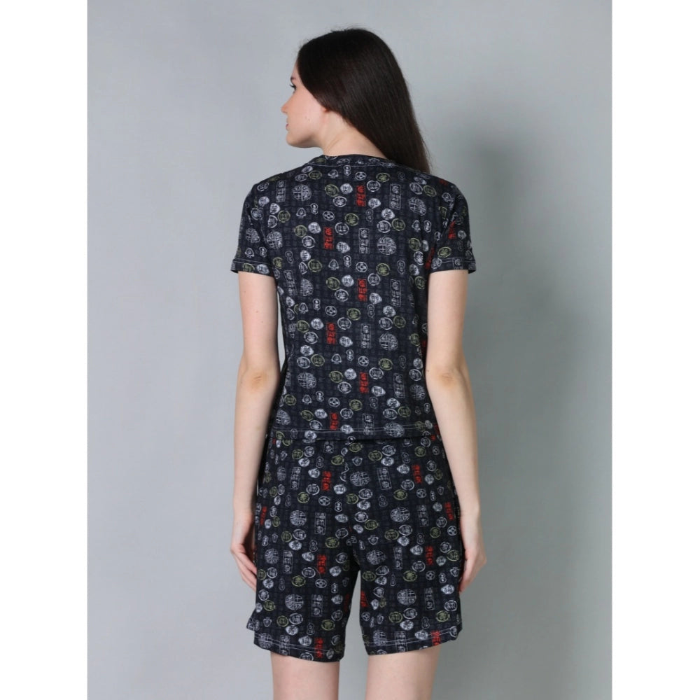 Generic Women's Cotton Blended Printed Round Neck Half Sleeve Top - Shorts Set (Black)