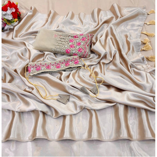 Women's Satin Solid Saree With Unstitched Blouse (Beige, 5-5 Mtrs)