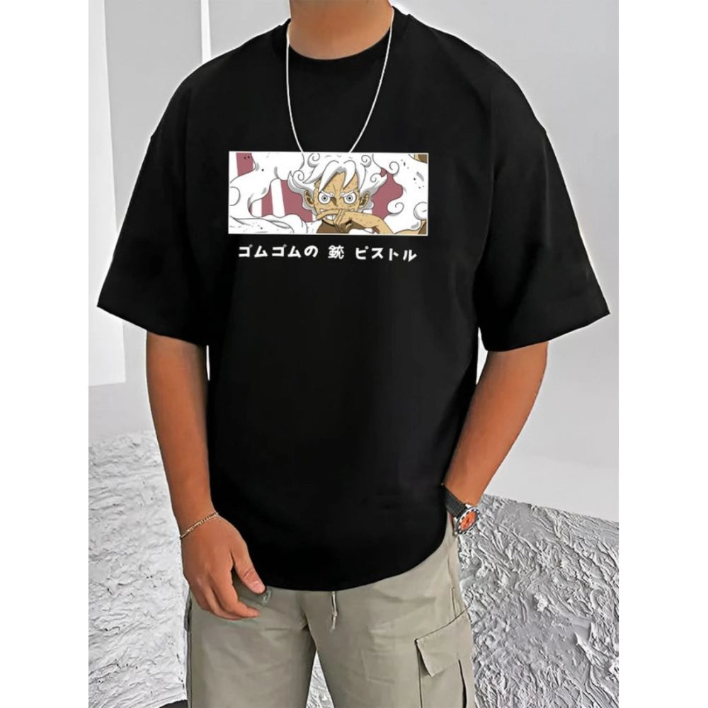 Men's Casual Cotton Blend Printed Round Neck Half Sleeve T-Shirt (Black)