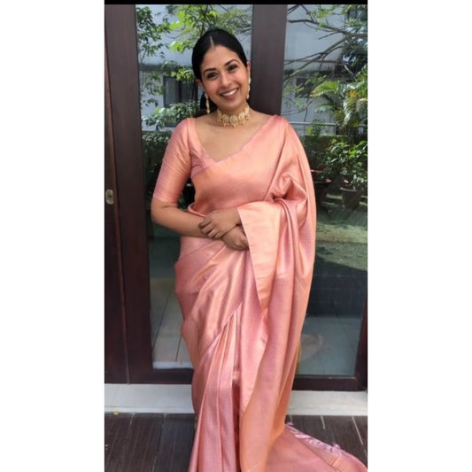 Women's Litchi silk Printed Saree With Unstitched Blouse (Peach)
