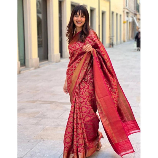 Women's Litchi silk Printed Saree With Unstitched Blouse (Red)