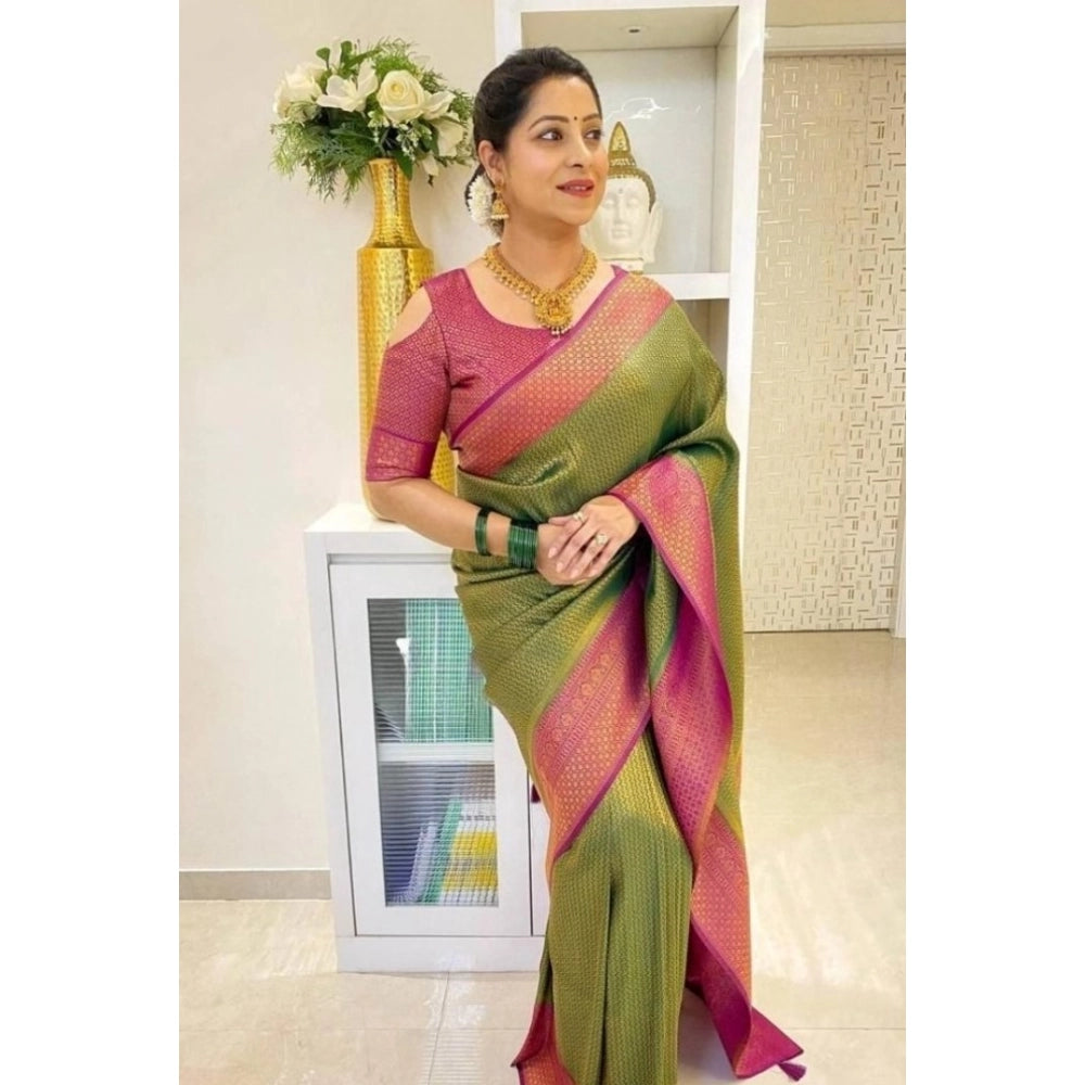 Women's Soft Lichi Silk Printed Saree With Unstitched Blouse 5.5Mtr (Mehndi-Green)