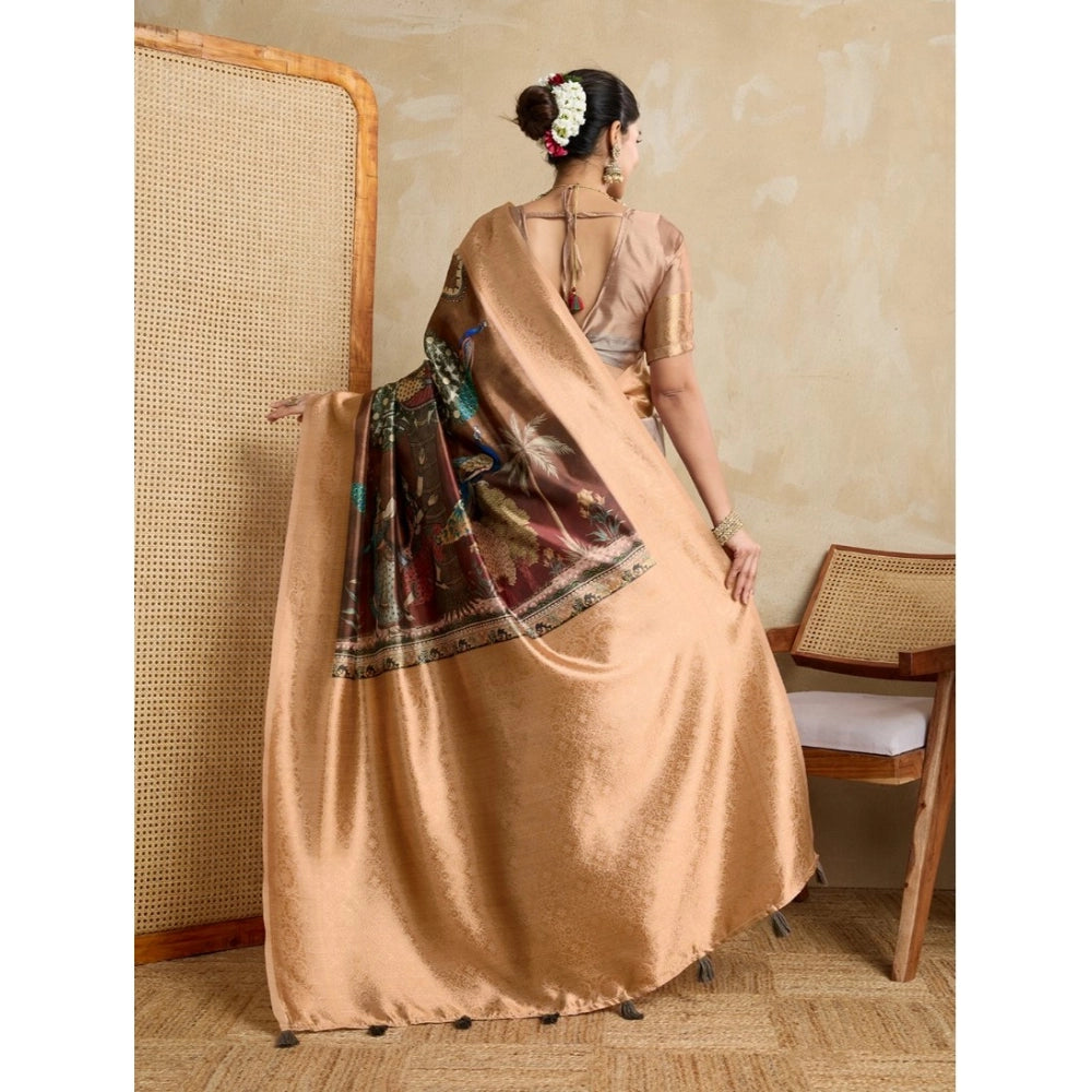 Generic Women's Silk Printed Saree With Unstitched Blouse 5.5Mtr (Brown)