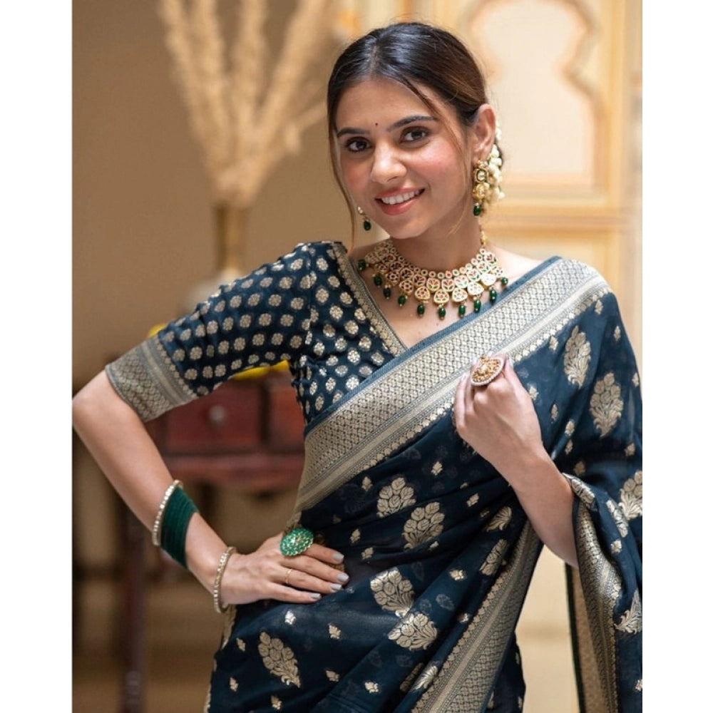 Women's Soft Lichi Silk Printed Saree With Unstitched Blouse 5.5Mtr (Blue)