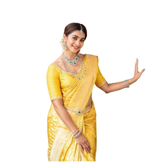 Women's Soft Lichi Silk Printed Saree With Unstitched Blouse 5.5Mtr (Yellow)