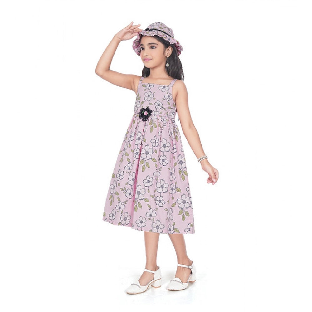 Generic Girl's Cotton Printed Sleeve Less Round Neck Dress (Pink)