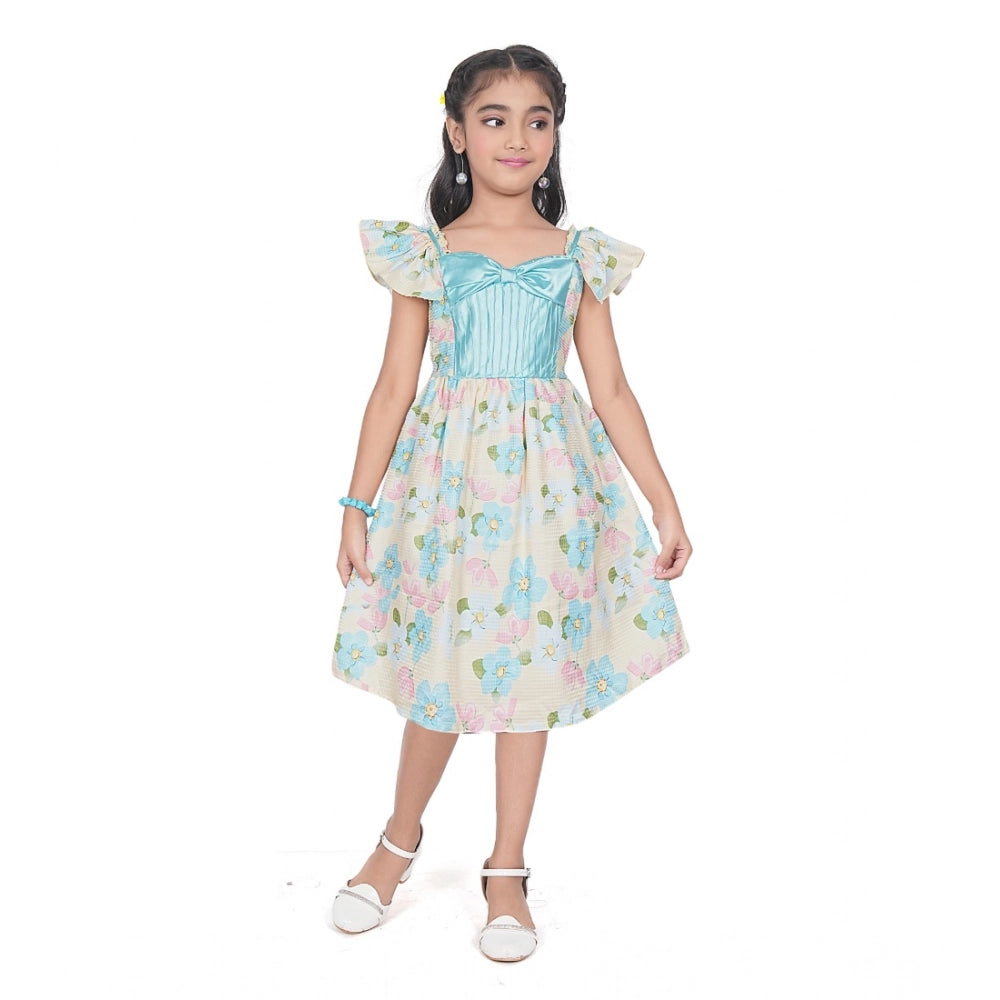 Generic Girl's Popcorn Printed Short Sleeve Squre Neck Dress (Sky Blue)