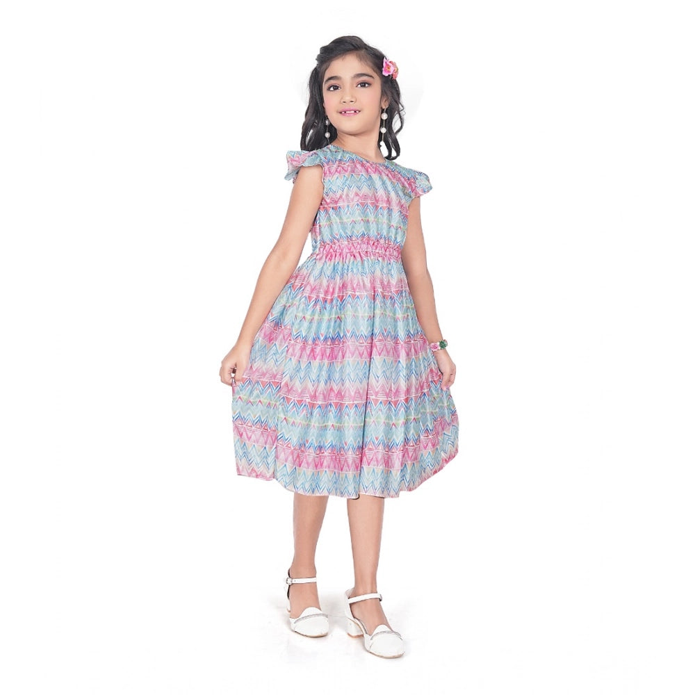 Generic Girl's Lycra Printed Sleeve Less Round Neck Dress (Multicolor)