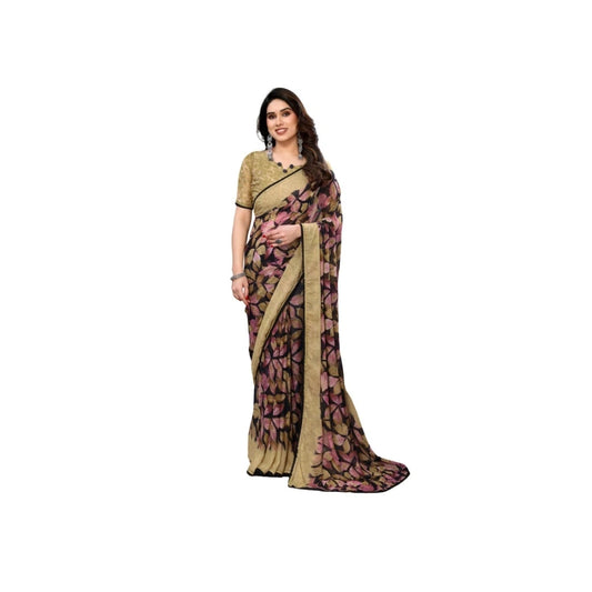 Women's Chiffon Printed Saree With Unstitched Blouse 5.5Mtr (Beige)