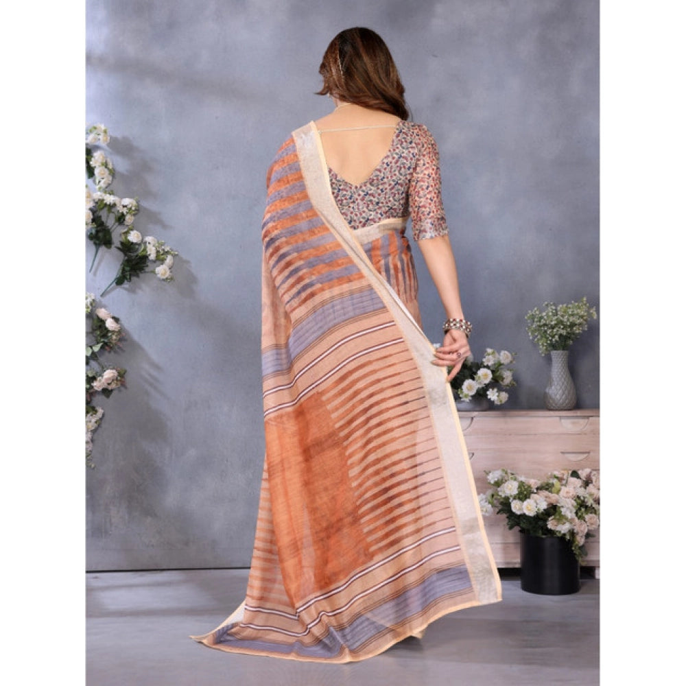 Women's Linen Cotton  Printed Saree With Unstitched Blouse 5.5Mtr (Brown)