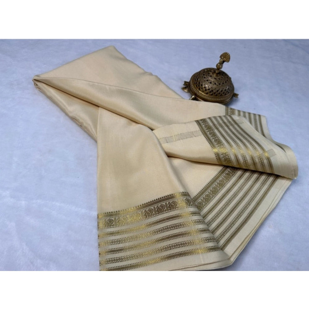 Women's Crepe Chit Pallu Solid Saree With Unstitched Blouse 5.5Mtr (Beige)