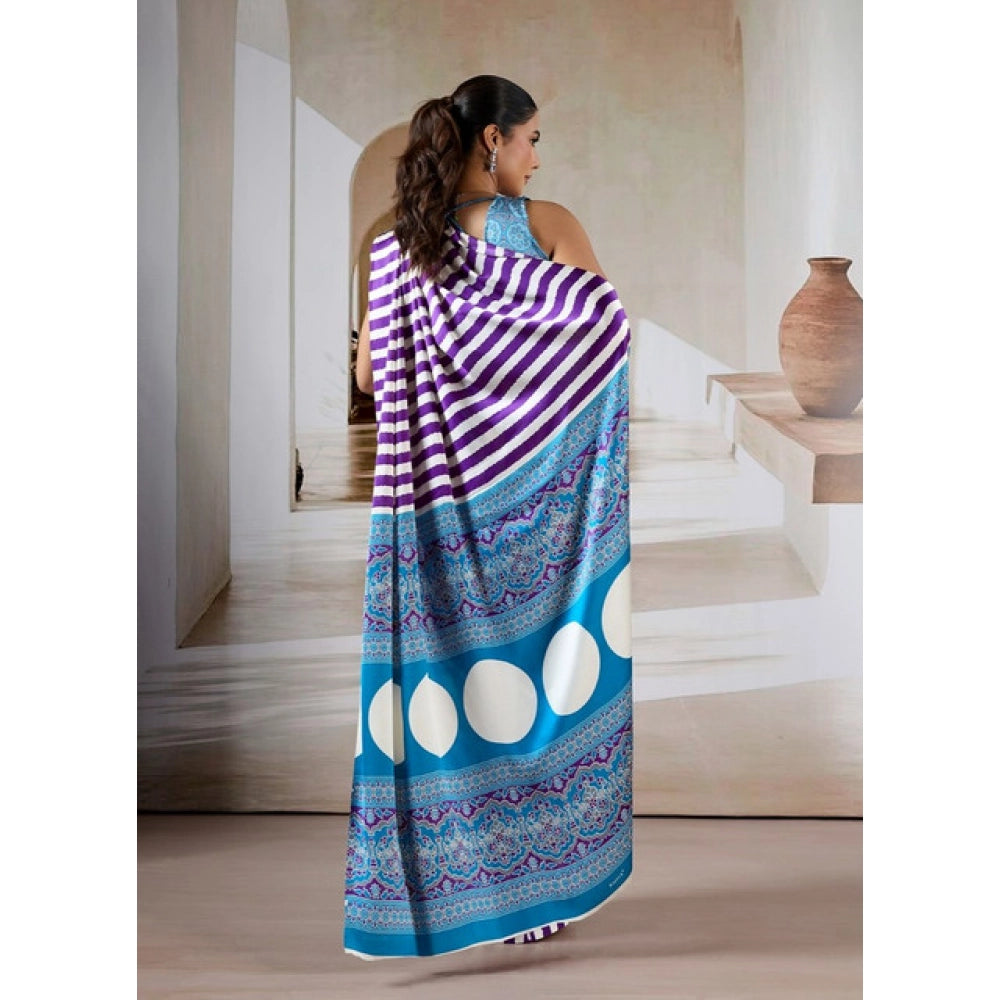 Women's Satin Crepe Printed Saree With Unstitched Blouse 5.5Mtr (Purple)