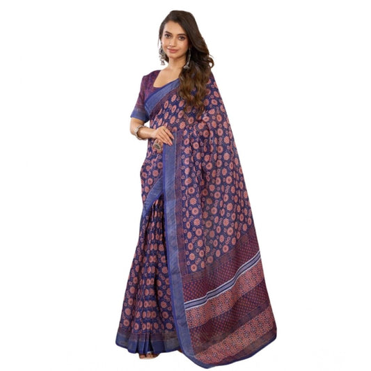 Women's Faux Linen Floral Print Ready to wear Saree With Unstitched Blouse 5.5Mtr (Dark_NavyBlue)