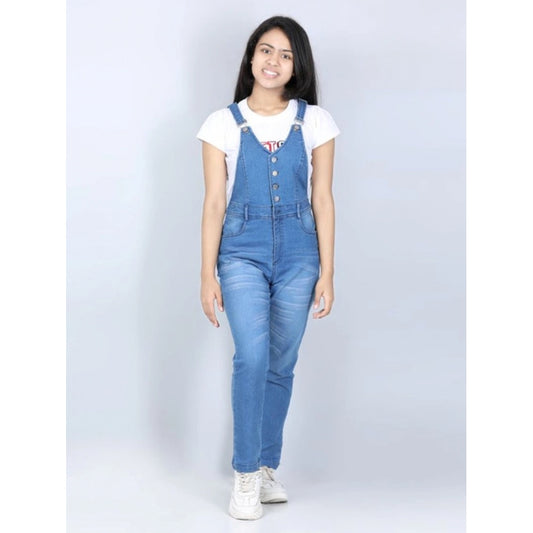 Girl's Denim Solid Buttoned Dungaree (Blue)