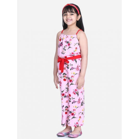Girl's Polyester Crepe Floral Shoulder Straps Jumpsuit (Pink-Red)